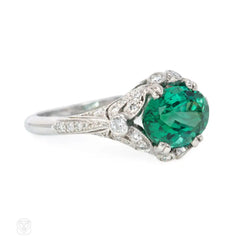 Green zircon solitaire ring with Edwardian style platinum band