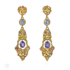 Gustav Manz Art Nouveau sapphire and mutli-gem grape leaf earrings
