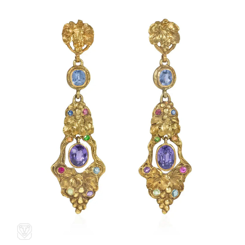 Gustav Manz Art Nouveau Sapphire And Mutli - Gem Grape Leaf Earrings