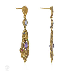 Gustav Manz Art Nouveau sapphire and mutli-gem grape leaf earrings