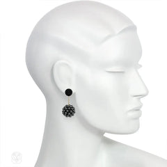 Hand beaded double ball earrings in black glass and crystal