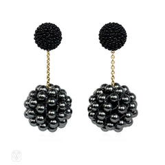 Hand beaded double ball earrings in black glass and crystal