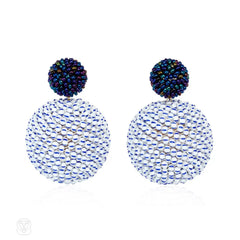 Hand Beaded Earrings with Blackberry Luster and White/Blue-Striped Beads