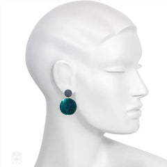 Handmade blue glass bead and green sequined earrings