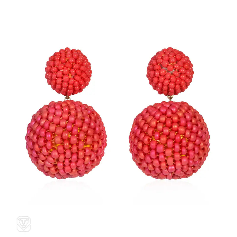 Handmade Double Ball Coral Glass Beaded Earrings