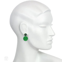 Handmade double ball green glass beaded earrings