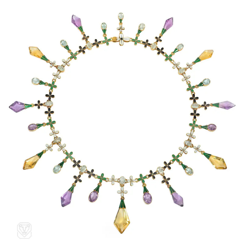 Important Antique Carlo Giuliano Multi-Gem Enamel And Gold Necklace