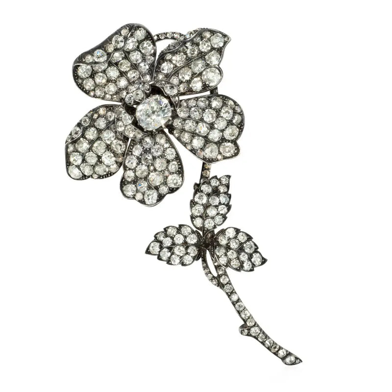Important antique old-mine-cut diamond flower brooch