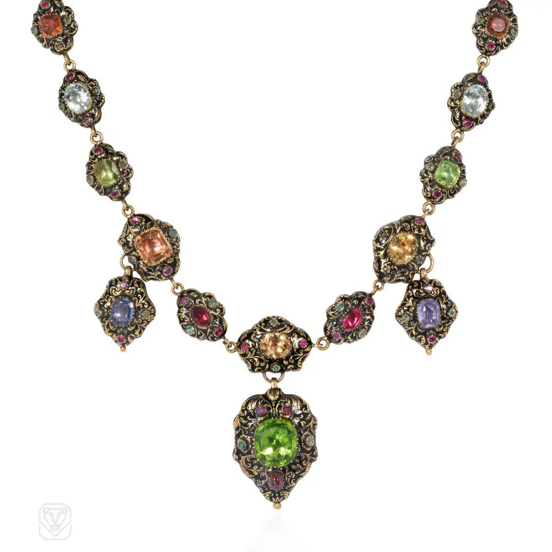 Important Antique Swiss Enamel And Multi - Gem Necklace