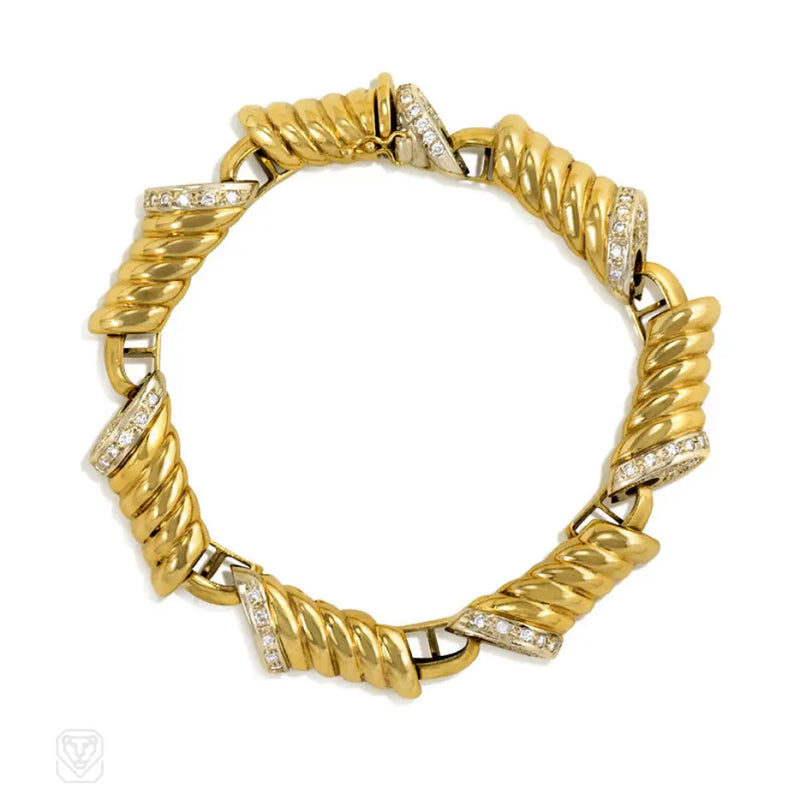 Italian 1970S Gold And Diamond Oblong Ribbed Link Bracelet