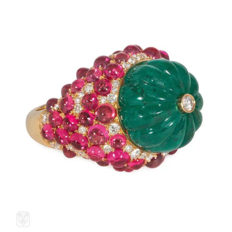 Italian Carved Emerald Cabochon Spinel And Diamond Cocktail Ring
