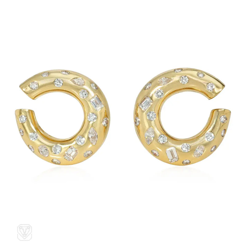 Italian fancy cut diamond and gold hoop earclips