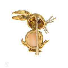 Italian gold and coral bunny brooch