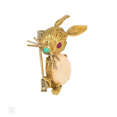 Italian gold and coral bunny brooch