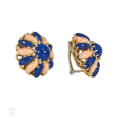 Italian mid-century angel skin coral and lapis earrings