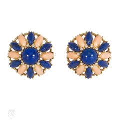 Italian mid-century angel skin coral and lapis earrings