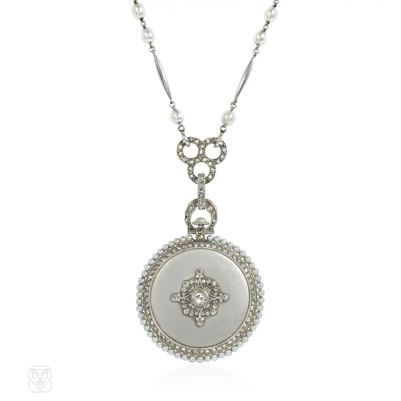 Leroy Et Cie. Antique Pearl Diamond And Platinum Watch Pendant