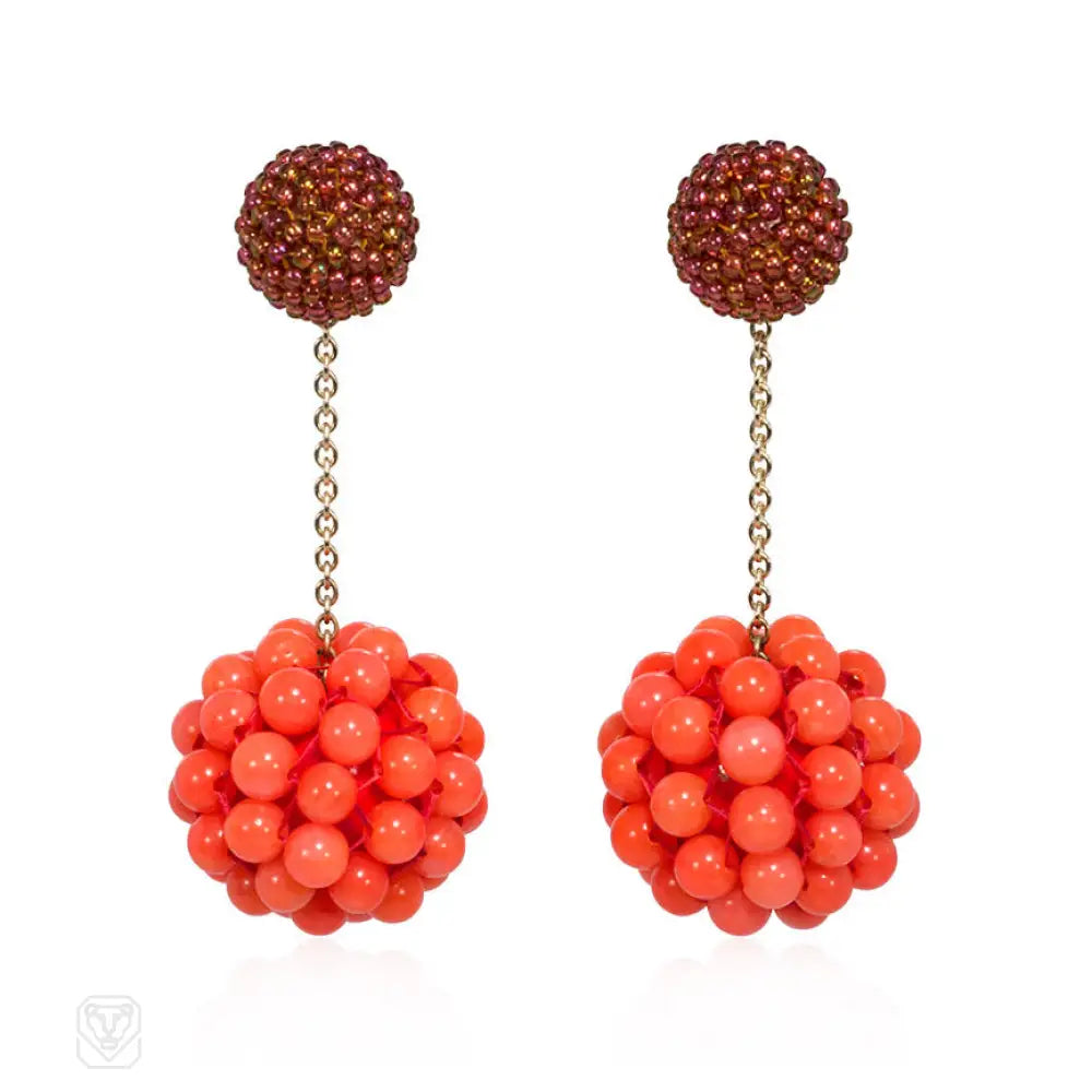 Long cinnamon colored glass and coral beaded earrings Kentshire