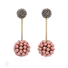 Long double ball earrings in grey and rose-peach