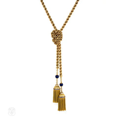 Long gold lariat with gemset tassels