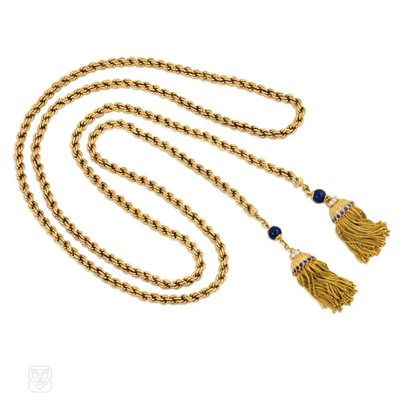 Long Gold Lariat With Gemset Tassels