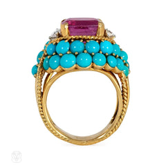 Marchak mid-century turquoise, pink sapphire, and diamond cocktail ring