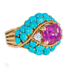 Marchak mid-century turquoise, pink sapphire, and diamond cocktail ring