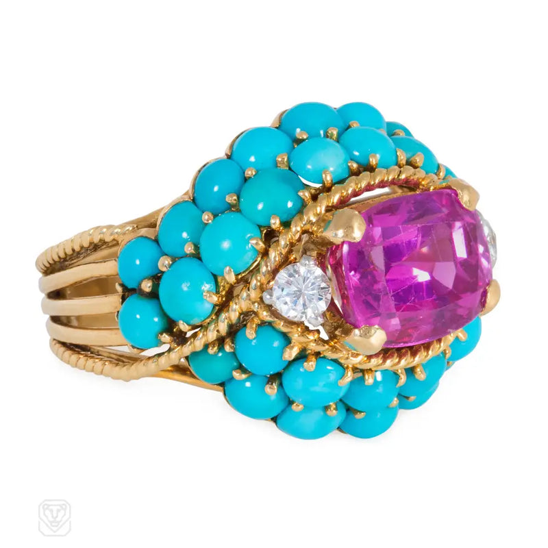 Marchak Mid - Century Turquoise Pink Sapphire And Diamond Cocktail Ring
