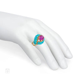 Marchak mid-century turquoise, pink sapphire, and diamond cocktail ring