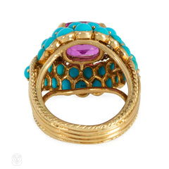 Marchak mid-century turquoise, pink sapphire, and diamond cocktail ring