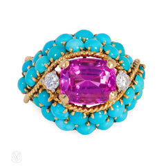 Marchak mid-century turquoise, pink sapphire, and diamond cocktail ring