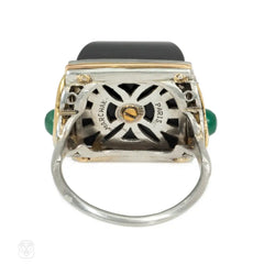 Marchak, Paris Art Deco sugarloaf onyx, coral, and emerald cocktail ring
