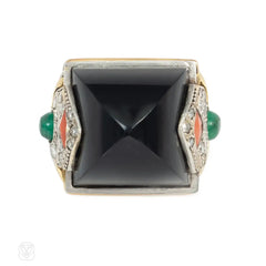 Marchak, Paris Art Deco sugarloaf onyx, coral, and emerald cocktail ring
