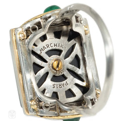 Marchak, Paris Art Deco sugarloaf onyx, coral, and emerald cocktail ring