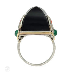 Marchak, Paris Art Deco sugarloaf onyx, coral, and emerald cocktail ring