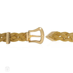 Mid-Century braided gold buckle bracelet, wearable as a choker