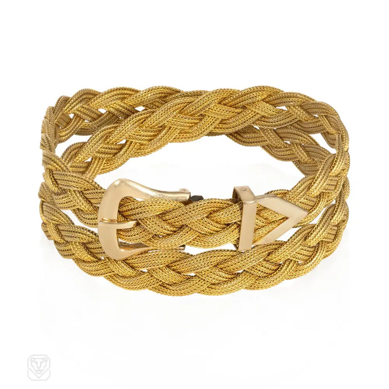 Mid - Century Braided Gold Buckle Bracelet Wearable As A Choker