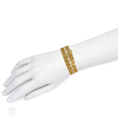 Mid-Century braided gold buckle bracelet, wearable as a choker