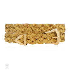 Mid-Century braided gold buckle bracelet, wearable as a choker