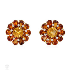 Mid-Century citrine and diamond flower earrings