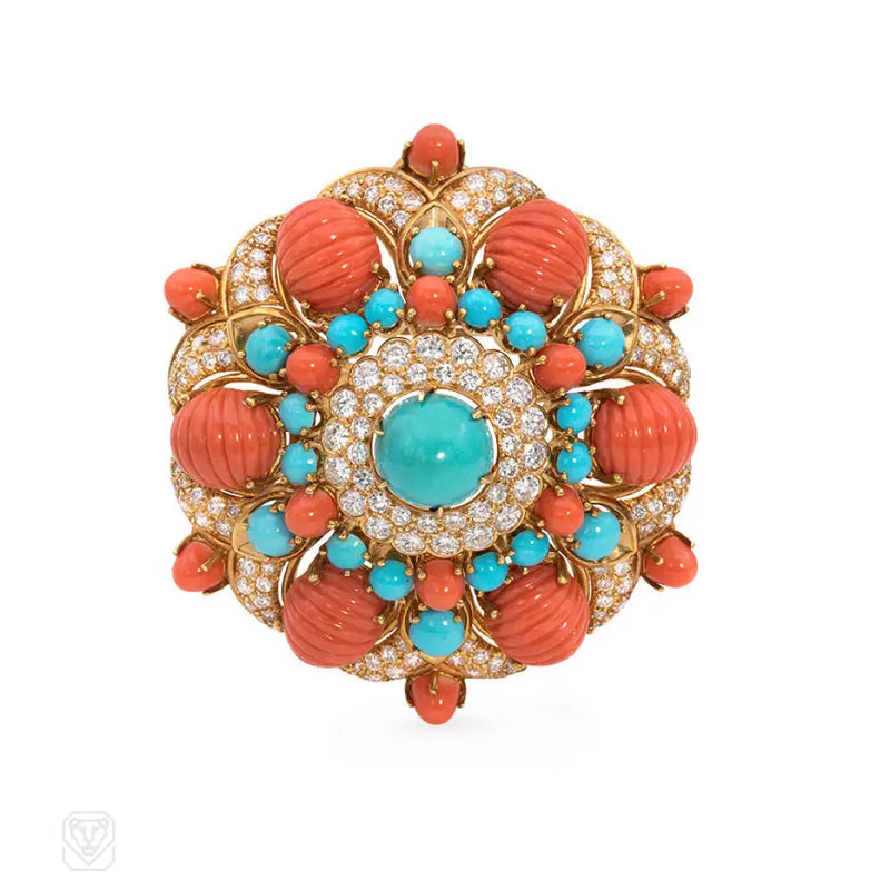Mid - Century Coral Turquoise And Diamond Bombé Florette Brooch