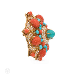 Mid-century coral, turquoise, and diamond bombé florette brooch