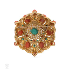 Mid-century coral, turquoise, and diamond bombé florette brooch