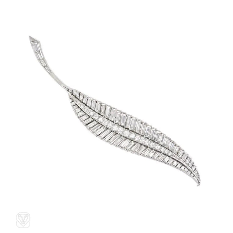 Mid - Century Diamond Leaf Brooch