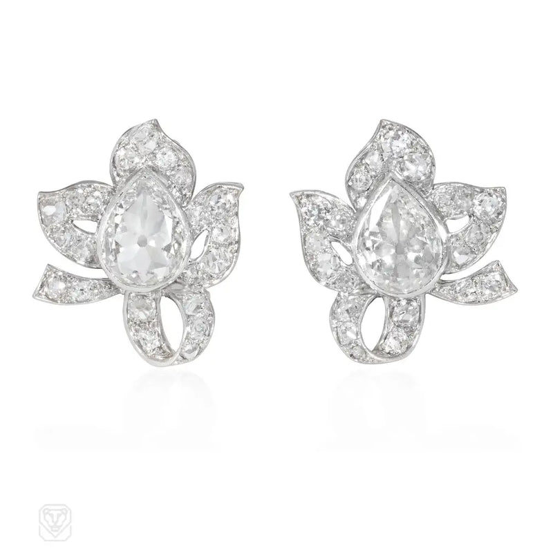 Mid - Century Diamond Stylized Leaf Form Earrings