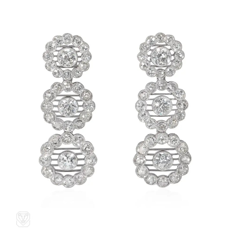Mid - Century Diamond Three - Cluster Pendant Earrings