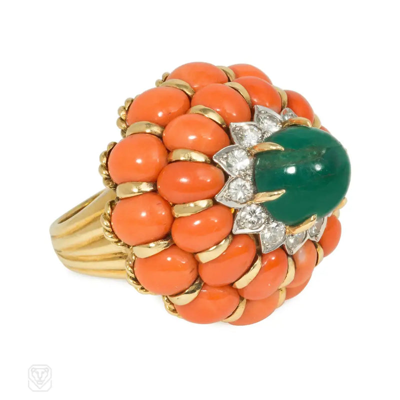 Mid Century emerald coral and diamond cocktail ring
