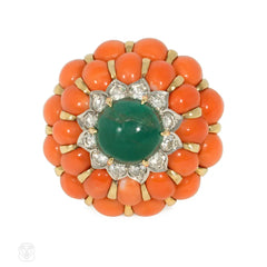 Mid-Century emerald, coral, and diamond cocktail ring