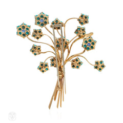 Mid-century forget-me-not turquoise and sapphire brooch