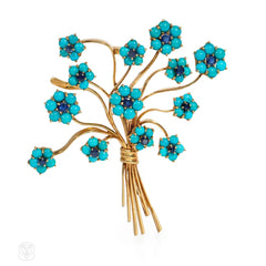 Mid-century forget-me-not turquoise and sapphire brooch